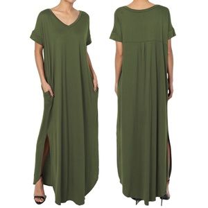 Short Sleeves Side Slit V-Neck Maxi Dress pockets NWT!